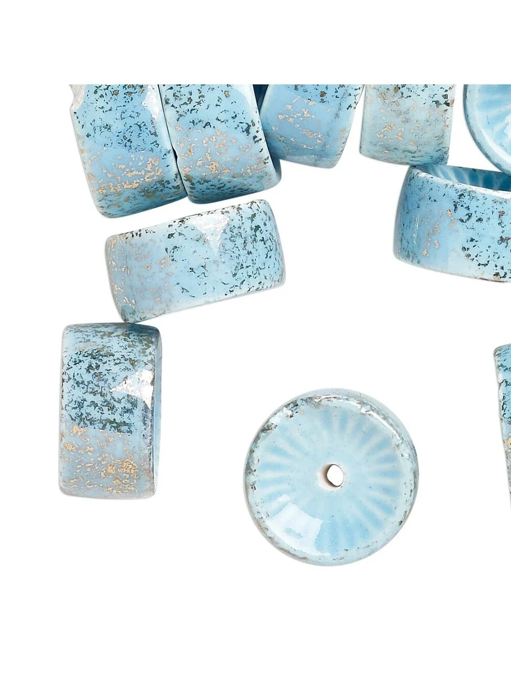 Vintage Japanese Lt Blue Gold Glazed Fine Porcelain Fancy Rondelle Beads 4 pcs